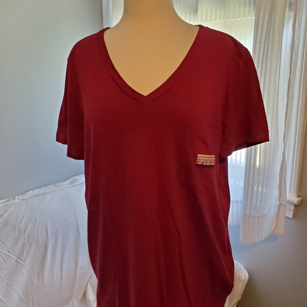Victoria's Secret Pink V Neck Campus Tee in Maroon size medium worn once!